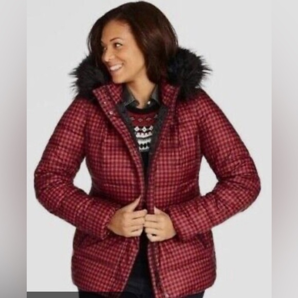 Talbots down filled gingham check parka puffer red black Buffalo plaid coat 2Xp - Picture 2 of 11